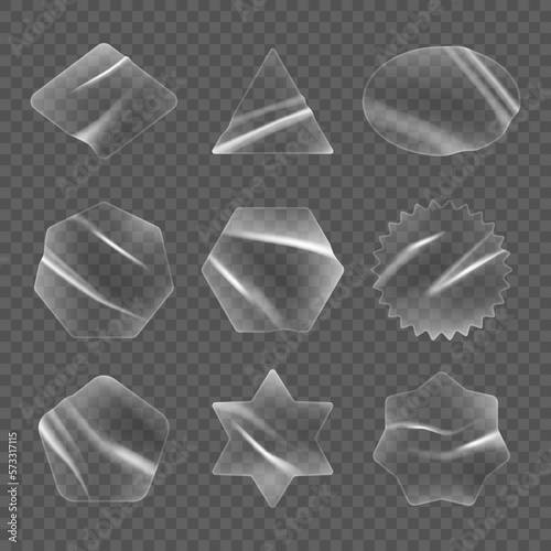 Geometric stickers. Transparent glass shapes geometrical forms decent vector sticky labels in realistic style
