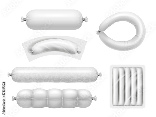 Sausages. Fresh meat products gourmet sausages decent vector realistic mockup templates