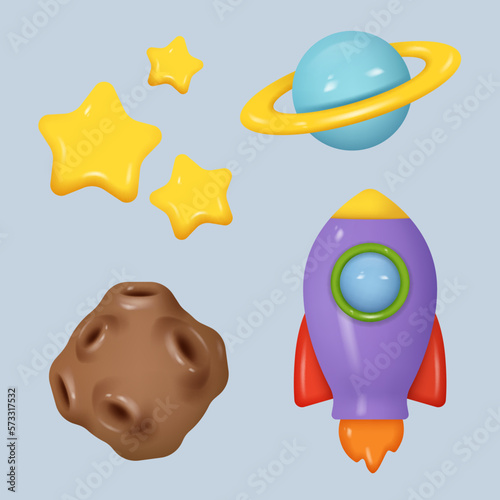 Plasticine space. Universe technology systems satellite rockets telescope decent vector clay stylized realistic illustrations