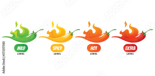 Spicy level. Hot chili pepper icons set with flame and color rating of mild, medium hot and extra hot. Level of pepper sauce or snack food