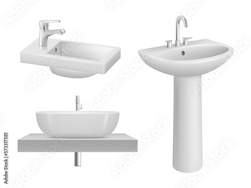 Sink. Realistic bathroom items white ceramic sink in toilet room decent vector template