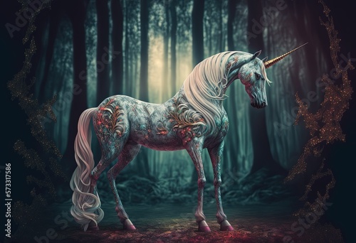 Real unicorn in a magical forest  concept of exceptional magic. Generative AI