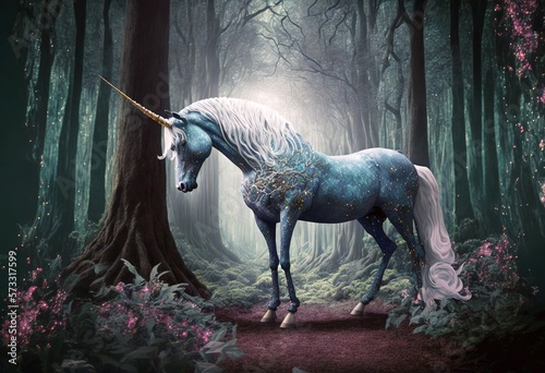 Real unicorn in a magical forest  concept of exceptional magic. Generative AI