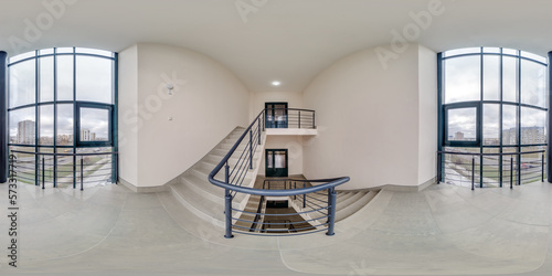 full spherical hdri 360 panorama view in empty modern hall near panoramic windows with columns  staircase and doors in equirectangular projection  ready for AR VR content