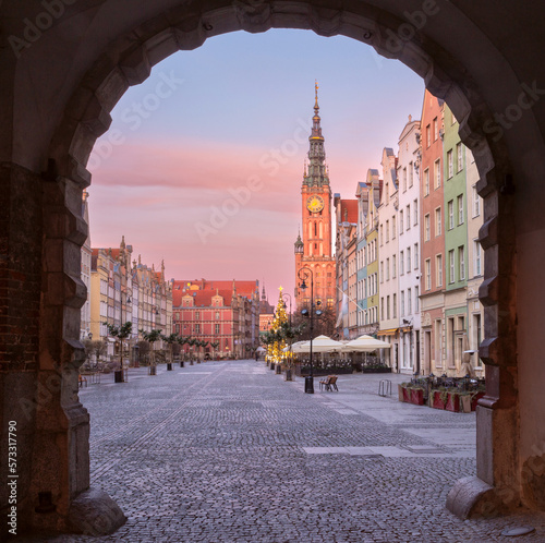 Gdansk. The old market square and the belfry of the town hall early in the morning.