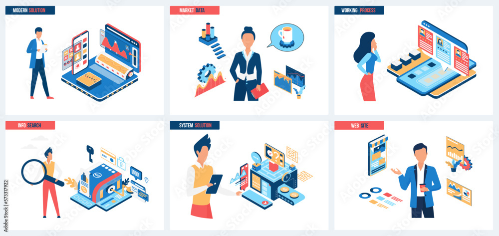 Modern processes in development of website, system information analysis set vector illustration. Cartoon tiny people with magnifying glass and phone in search of data and smart market solutions - obrazy, fototapety, plakaty 