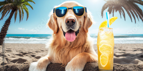 Golden retriever dog sitting on the beach with a fruity drink © SKIMP Art