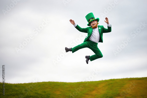 Papier peint Funny portrait of a jolly leprechaun clicking his heels and jumping outdoors for St