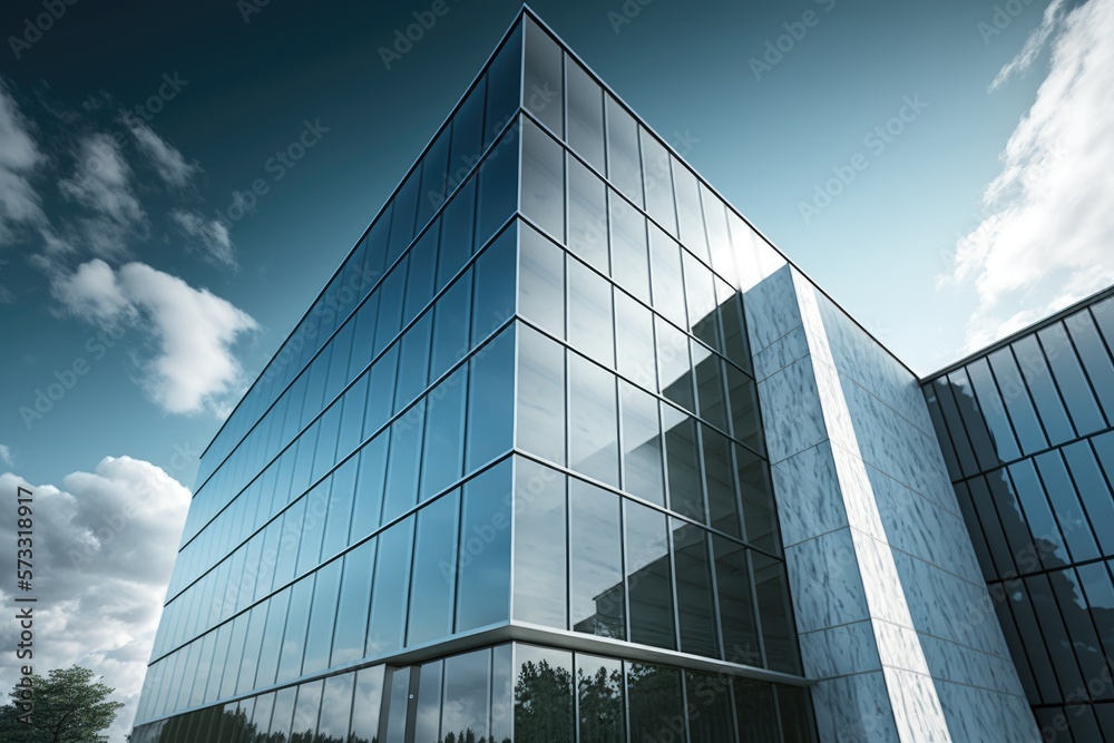 Modern glass building, office building, blue sky. Generative AI. Modern glass building, office building, blue sky. Generative AI.