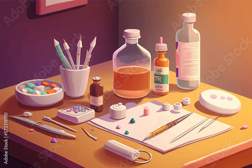 Illustration of medical equipment on the table. Digital illustration with colorful colors and nice lighting.