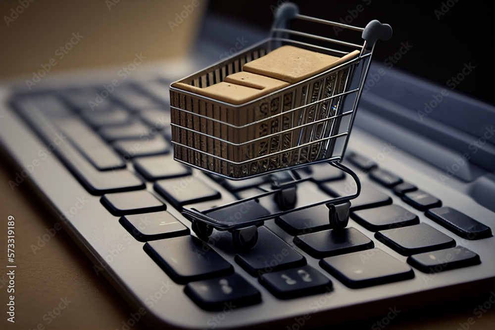 shopping cart on a laptop keyboard. Concept about online shopping. Highly detailed illustration Generative AI
