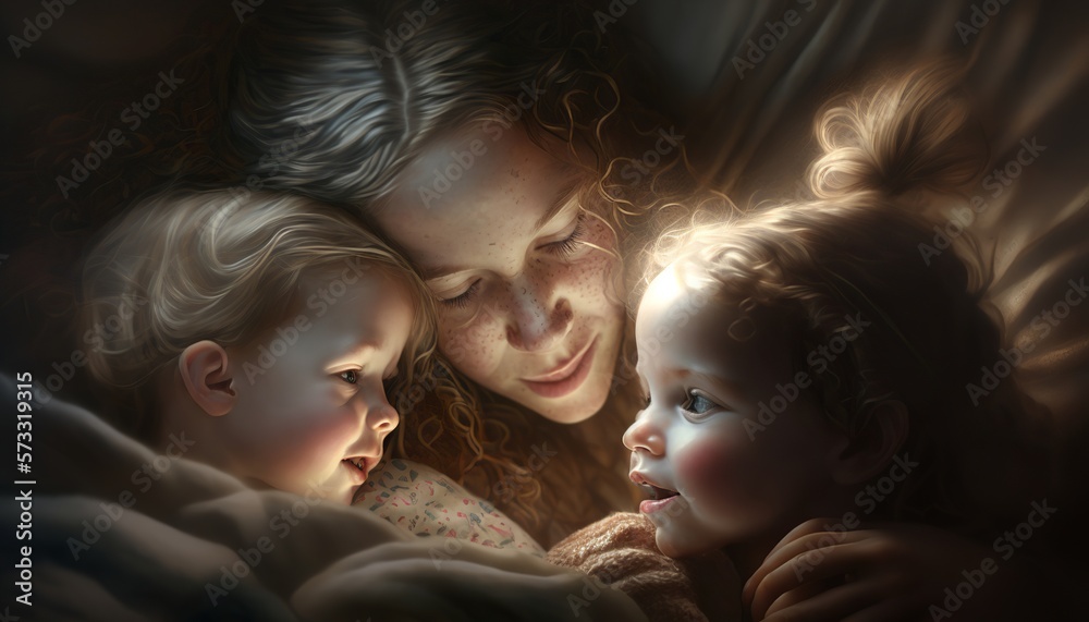 single mother playing and taking care of her two children inside dark room. generative ai content single mother playing and taking care of her two children inside dark room. generative ai content
