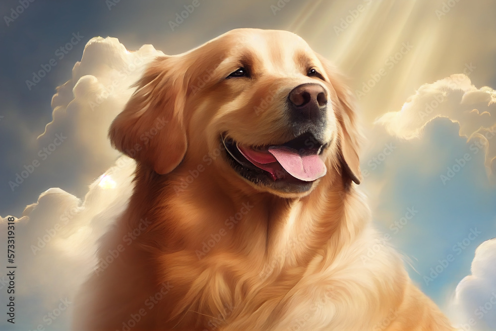 Labrador retreiver in heaven, smiling happily. generative AI