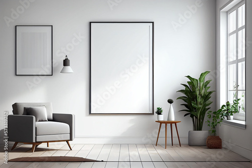 Blank frame on a wall in a modern minimalist living room. generative AI © Kurosch