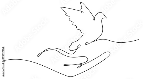 Continuous line drawing hand with flying bird. Freedom linear symbol. Vector illustration isolated on white.