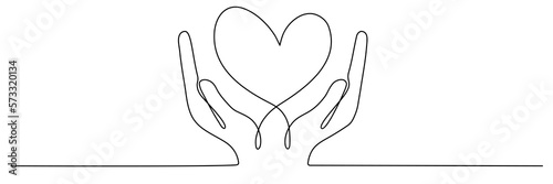 Continuous one line drawing arms holding heart. Charity donation linear concept. Vector isolated on white.
