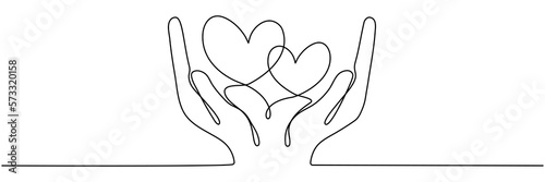 Continuous one line drawing arms holding two hearts. Love linear concept. Vector isolated on white.