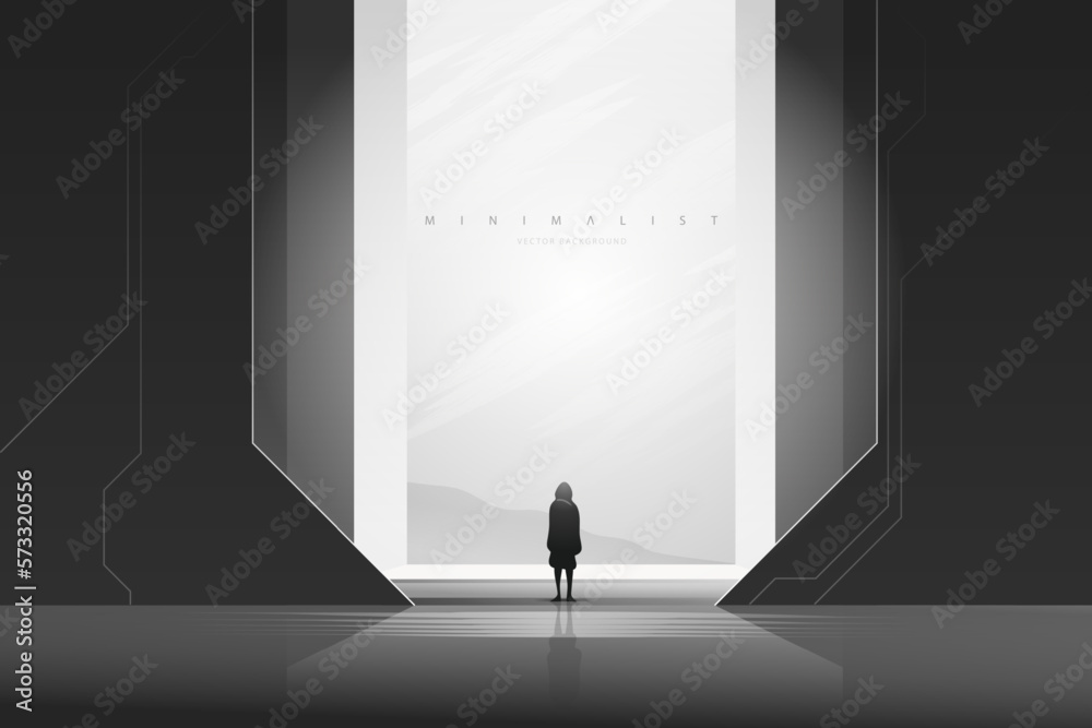 Futuristic technology background with a lonely figure. Sci-Fi poster. Minimal mountain landscape. Abstract art wallpaper for web, prints, art decoration and applications. Vector - obrazy, fototapety, plakaty 