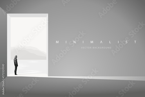 Futuristic technology background with a lonely figure. Sci-Fi poster. Minimal mountain landscape. Abstract art wallpaper for web, prints, art decoration and applications. Vector