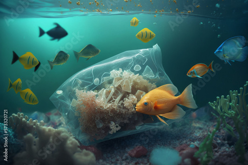 Plastic packet and other wastes float in the sea water and fish are poisoned by them. Generative AI