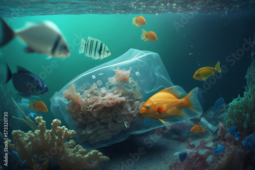 Plastic packet and other wastes float in the sea water and fish are poisoned by them. Generative AI