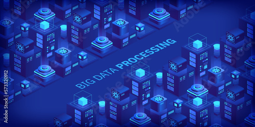 Vector isometric server room. Quantum computer. Cloud storage data center. Web hosting. Big data processing and computing technology. Large calculations on a supercomputer. Server farm communication.