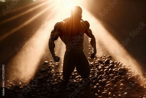 Silhouette of a strong, muscular man among coffee beans in the morning sunlight. AI Generative