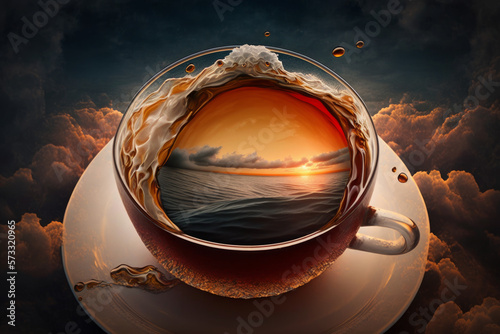 Beautiful sunset in a cup of tea or coffee. Waves on a cup. Cozi, comfort feelings.  Generative AI photo