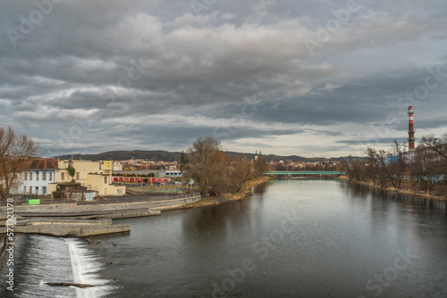 River Otava and weir with footbridge near Pisek town in south Czech in evening © luzkovyvagon.cz