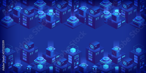 Vector isometric server room. Quantum computer. Cloud storage data center. Web hosting. Big data processing and computing technology. Large calculations on a supercomputer. Server farm communication.