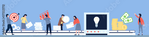 Ideas turn into money, business idea conveyor. Office people and creators with various things, investment dividends and profits recent vector scene