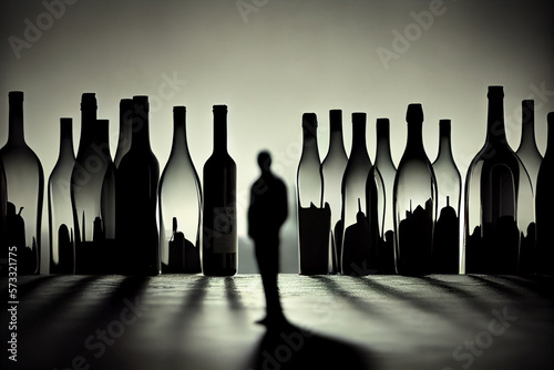 Black silhouette of a man with a bottle on a gray background. The concept of alcohol addiction, alcoholism. Generative AI