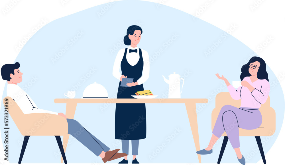 Couple breakfast in cafe or restaurant and order dishes. Waiter working with clients, woman man drink coffee. Lunch meeting vector scene