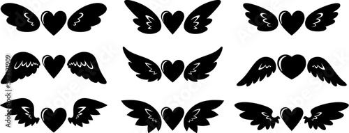 Black hearts with wings silhouettes. Heart icon collection  isolated flying valentines day decorations. Flat love romantic vector symbols