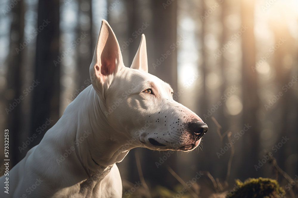 Bull terrier dog portrait on a sunny day in the forrest