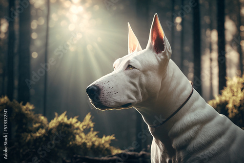 Print op canvas Bull terrier dog portrait on a sunny day in the forrest