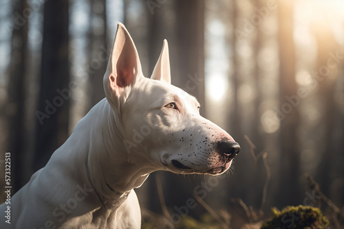 Foto Bull terrier dog portrait on a sunny day in the forrest
