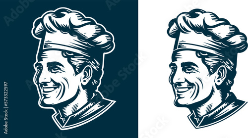 Smiling chef with hat woodcut engraving style vintage hand drawn vector illustration EPS 10