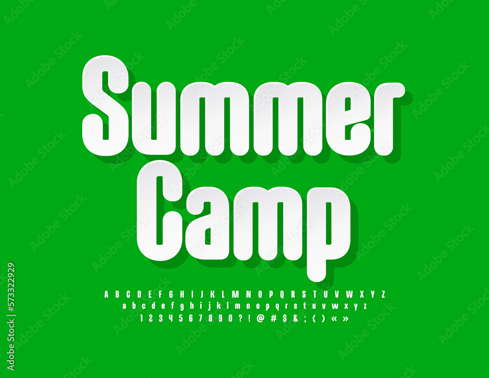 Vector trendy Emblem Summer Camp. Sticker Style Font. Bright creative Alphabet Letters, Numbers and Symbols set