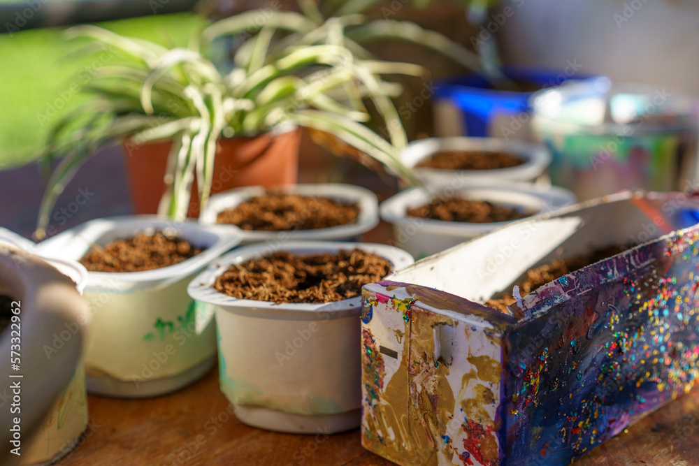 Yogurt Tubs And Milk Carton Reused As Seedling Starter Pots.Earth Day Crafts.