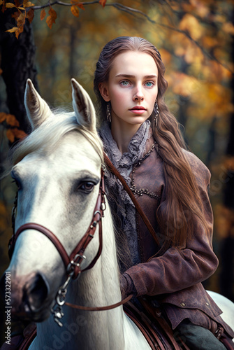 Girl with long hair riding her white horse in a forest at autumn © Polarpx