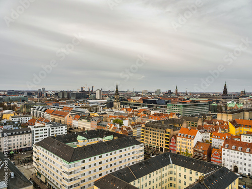 Historic Danish city Copenhagen, colorful buildings during a cloudy day, Denmark
