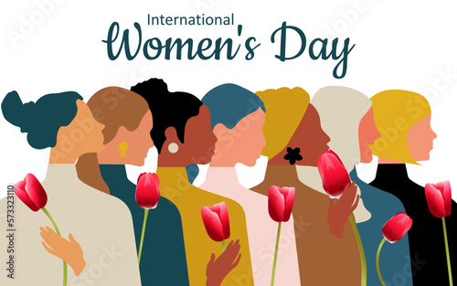 International Women's Day. Happy beautiful women holding a red tulip in their hands on a white horizontal background. Cute postcard for the spring holiday. Vector.