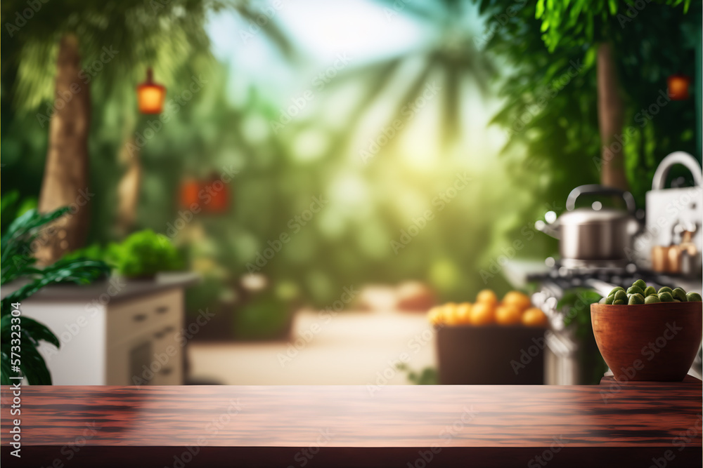Empty wooden desk with blurred background of tropical palms Generative AI