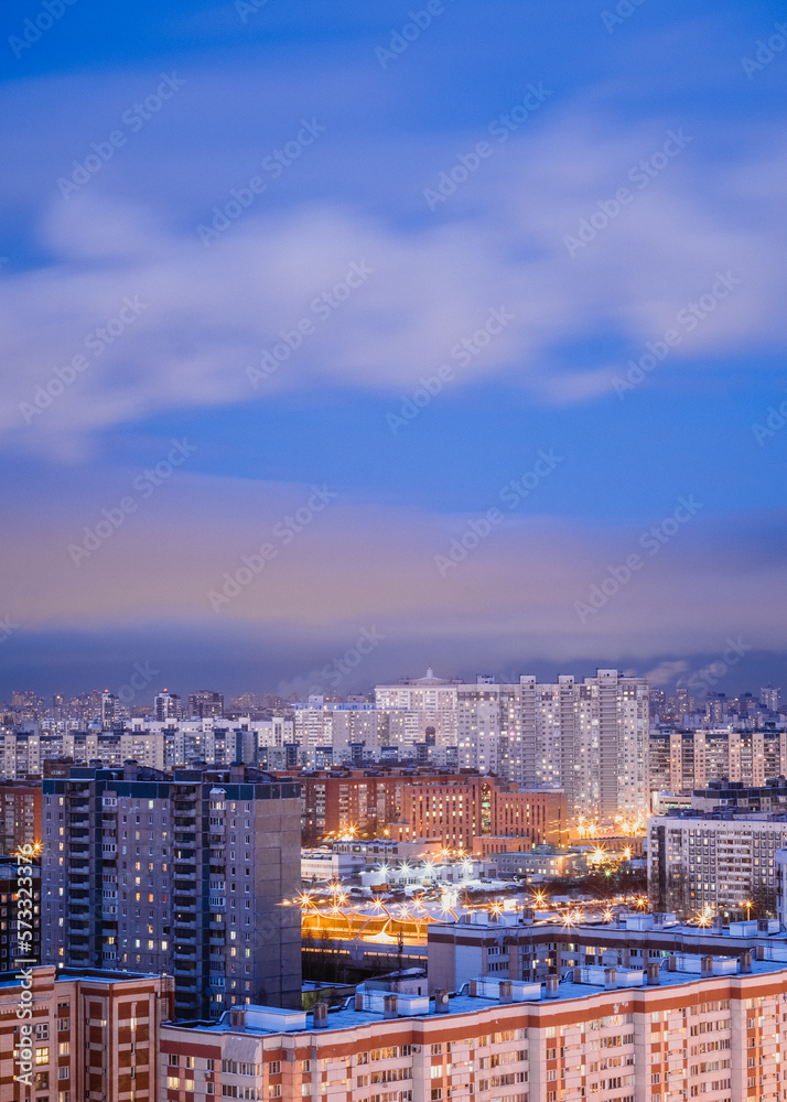 Winter evening cityscape of the city on a long exposure