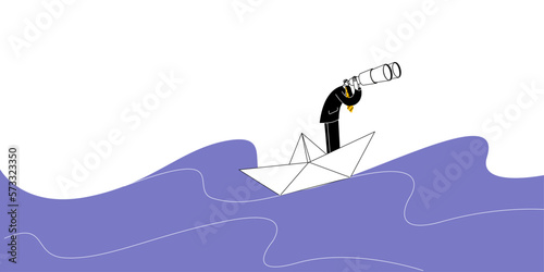 A top manager of a company in a business suit looks through binoculars from a paper boat. Vector illustration on company management and crisis management. Horizontal banner template.