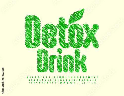Vector artistic emblem Detox Drink with decorative Leaf. Green drawn Font. Set of sketch style Alphabet Letters, Numbers and Symbols