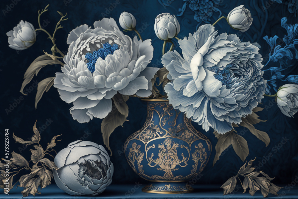 Ilustrace „A wallpaper of a rococo blooms flowers dreamy intricate details  pastel scheme blue gold tone fantasy fairytale aesthetic rococo luxurious  style background,generative ai.“ ze služby Stock | Adobe Stock
