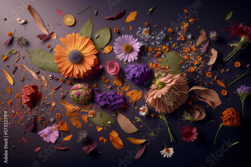 scattered petals and subtly flowers lie on the dark background,generative ai.