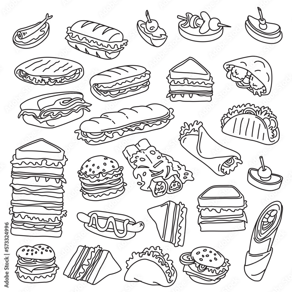 Sandwiches, burgers, tacos, falafel. Different types of fast food meals. Vector drawings set. Outline stroke is not expanded, stroke weight is editable